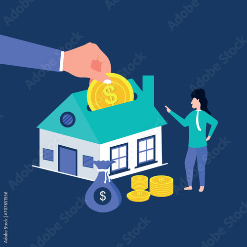 Mortgage Saving to buy a house or home savings vector illustration concept Planning savings money to buy a home Property investment House loan Money investment