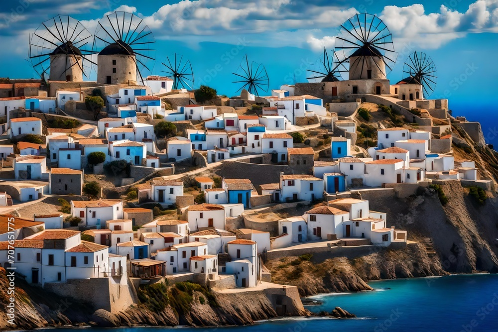 A cluster of windmills standing proudly atop a hill in Emporio, overlooking the Aegean Sea, with their sails painted in vibrant hues against the blue sky.