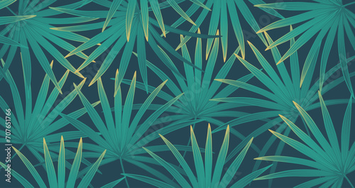 Summer tropical green background with palm branches. Botanical card, cover, wallpaper.