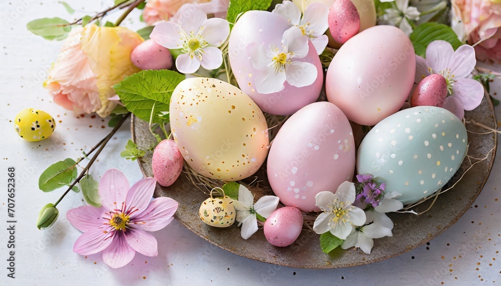 Assorted Easter Eggs in Pastel Colors with Floral and Butterfly Decorations
