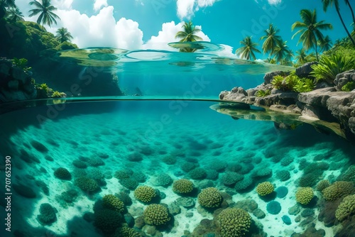 A panoramic vista of a vibrant lagoon fringed by coral reefs, showcasing a kaleidoscope of blues, greens, and turquoise under the midday sun. photo