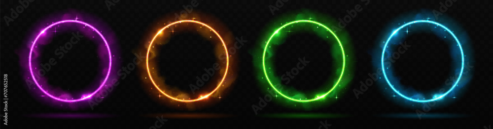 Set of Magic colorful glowing shiny trails or circles isolated on black transparent background. Set of neon frames. Vector illustration - obrazy, fototapety, plakaty 
