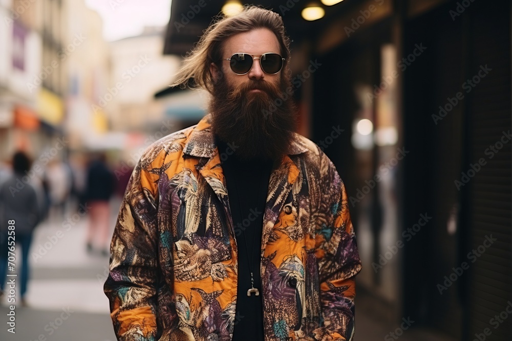 Hipster man with a long beard and mustache in a colorful jacket and sunglasses on a city street