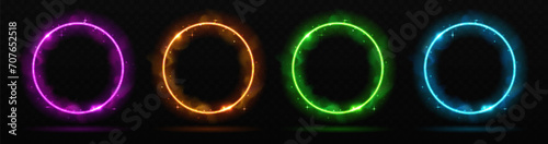 Set of Magic colorful glowing shiny trails or circles isolated on black transparent background. Set of neon frames. Vector illustration