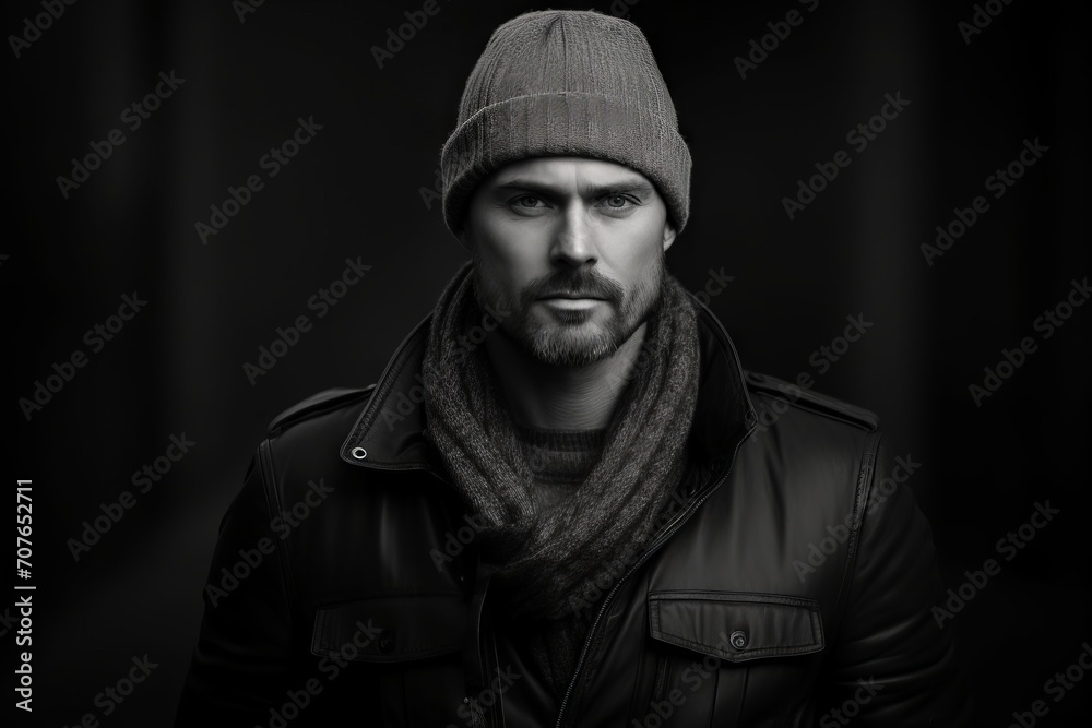 Portrait of a brutal man in a black jacket and a knitted hat Portrait of a brutal man in a black jacket and a knitted hat