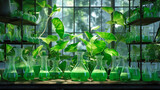 Various green leaves and plants in transparent glass flasks, vials, Petri dishes. Reflections, floral elements. Research of plant diseases. Increased yield