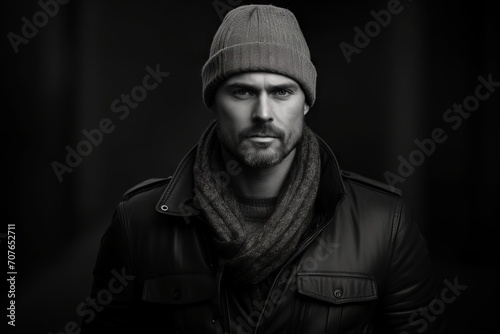 Portrait of a brutal man in a black jacket and a knitted hat