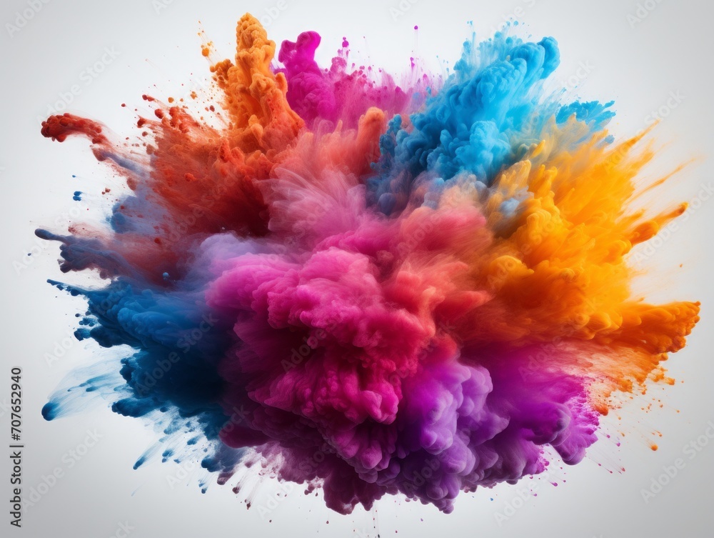 Colorful rainbow holi paint color powder explosion, white background,