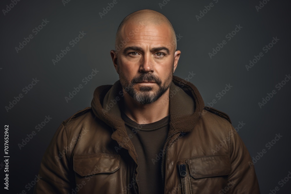 Portrait of a bald man with a beard in a brown jacket. Portrait of a bald man with a beard in a brown jacket.