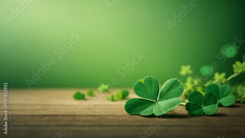 St Patricks Day background, pretty 4 leaf clovers, green and white, Generative AI photo