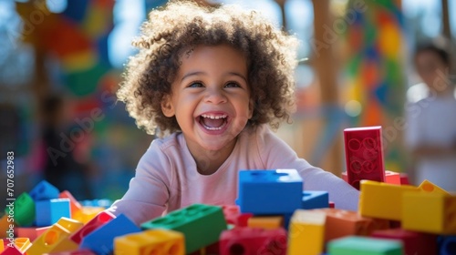 child playing with colorful building blocks in the school's play area