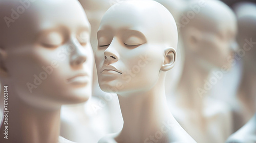 A white painted female mannequin head on a soft background, with features highlighted by the side lighting. Closeup plastic mannequin heads against blurred background. Shallow focus.