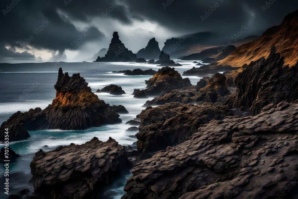 A dramatic shot of the volcanic rock formations along the coastline, sculpted by centuries of geological activity, creating a unique and rugged seascape.