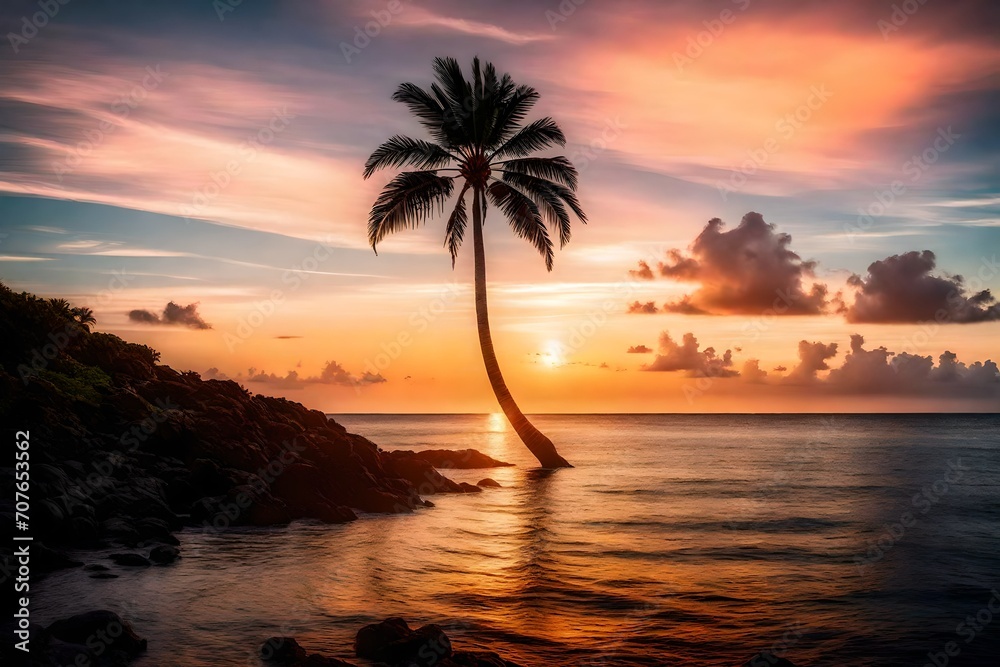A picturesque sunset silhouette of a lone palm tree on the horizon, creating a serene and iconic image against the backdrop of the ocean.