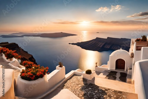 A secluded spot overlooking the Caldera  capturing the tranquil beauty of Santorini as the sun dips below the horizon  casting a golden glow on the sea.