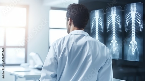 Male Doctor looking x-ray film at hospital laboratory, Doctor and chest x-ray report blue tone