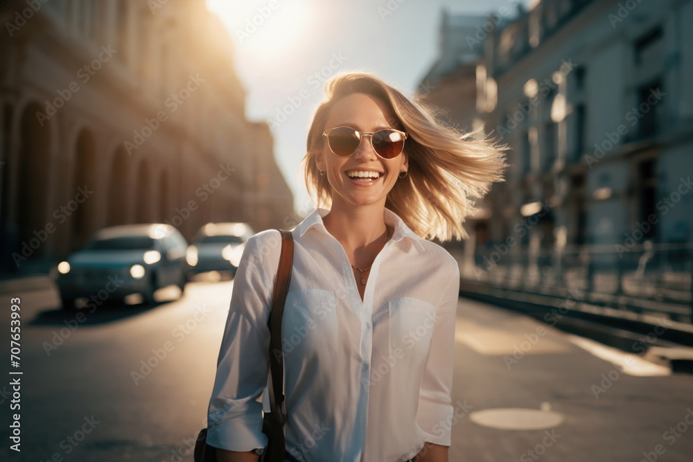 blonde woman in sunglasses and white shirt walks city street, smiling, laughing, enjoying outdoors on a sunny day