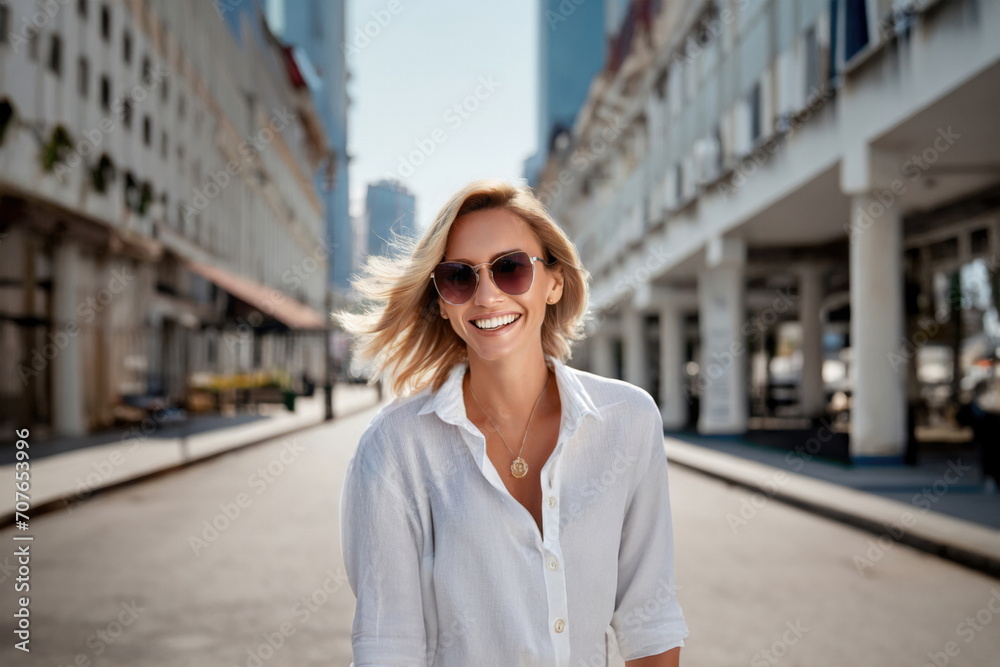 blonde woman in sunglasses and white shirt walks city street, smiling, laughing, enjoying outdoors on a sunny day