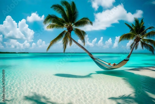 An idyllic scene of a hammock swaying between two palm trees on a secluded sandbar  surrounded by the endless expanse of the aquamarine ocean.