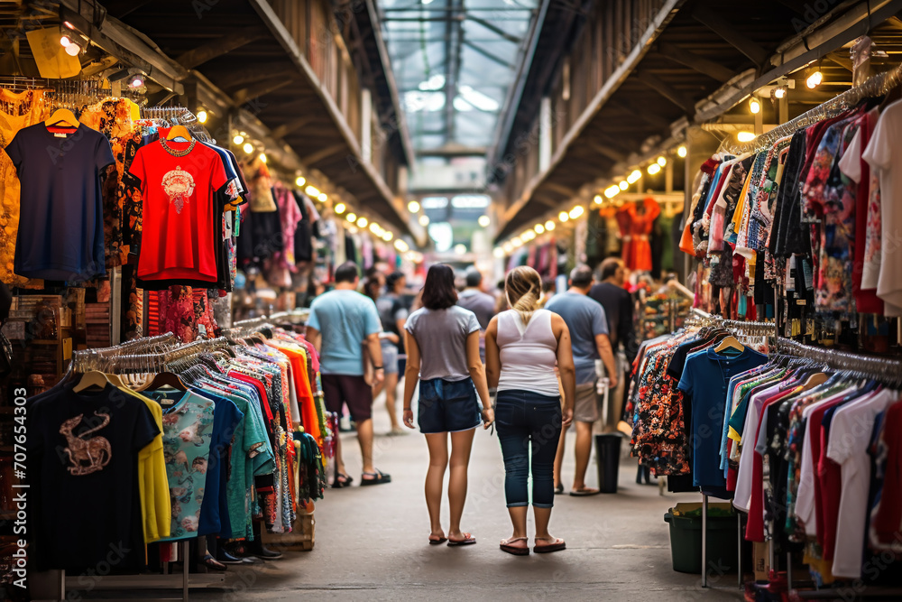 Bustling marketplace alive with diverse vendors, vibrant stalls, and energetic shoppers, creating a dynamic urban tapestry. shopping district