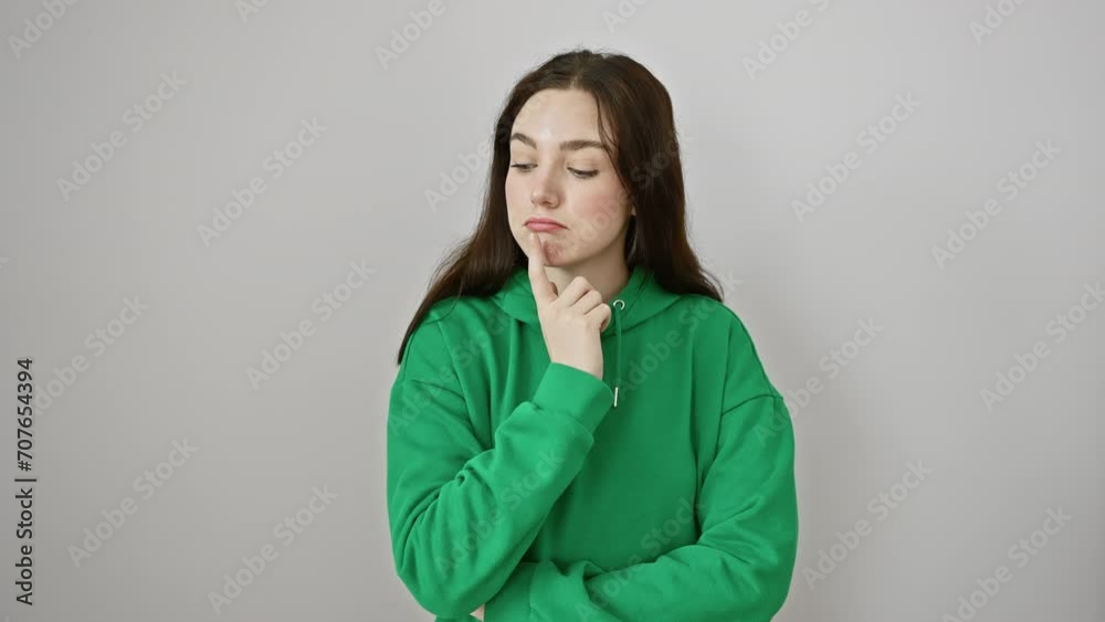 Concentrated young woman, chin resting on a finger, lost in thought, wearing sweatshirt, standing isolated against white background, her pensive gaze looking up, trying to puzzle out doubt. Concentrated young woman, chin resting on a finger, lost in thought, wearing sweatshirt, standing isolated against white background, her pensive gaze looking up, trying to puzzle out doubt.