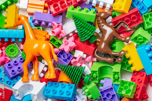 Colorful plastic construction blocks Children's construction kit Educational concept  