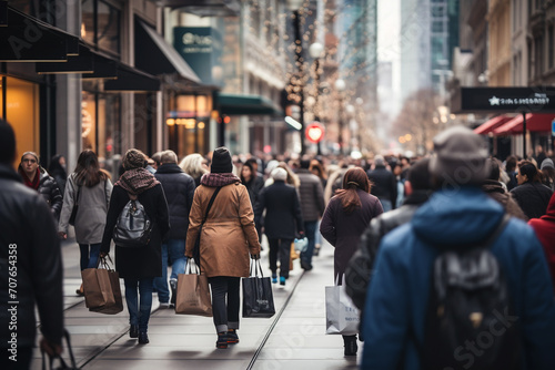 Crowd of anonymous people walking on busy city street