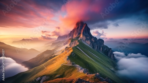 Beautiful landscape, Seceda Mountain on summer at dolomites, Italy, sunrise lighting photo