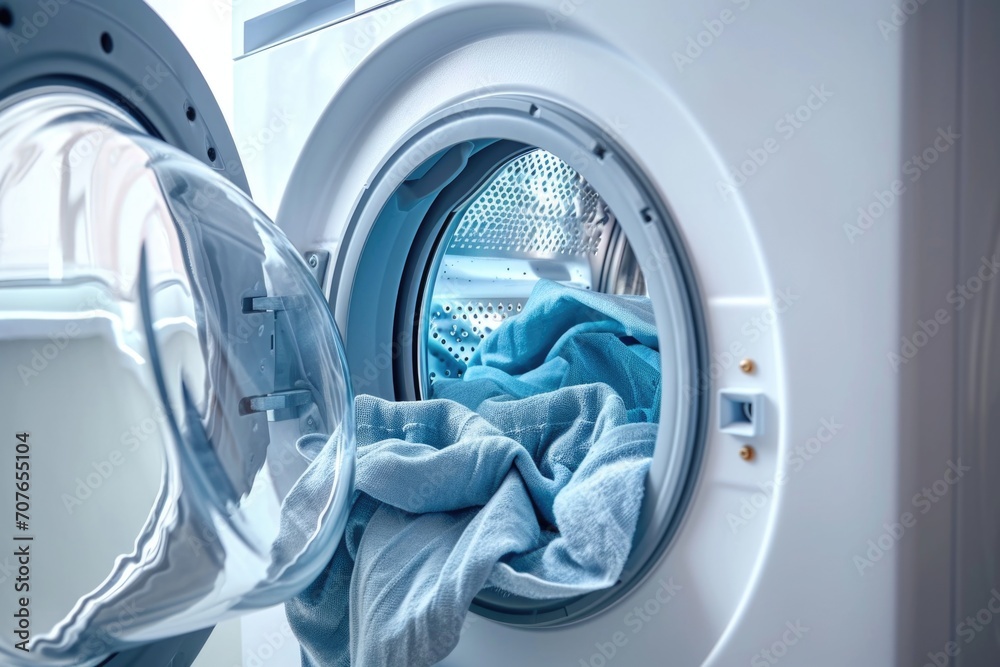 Open door in washing machine with laundry inside. Open door in washing machine with laundry inside.