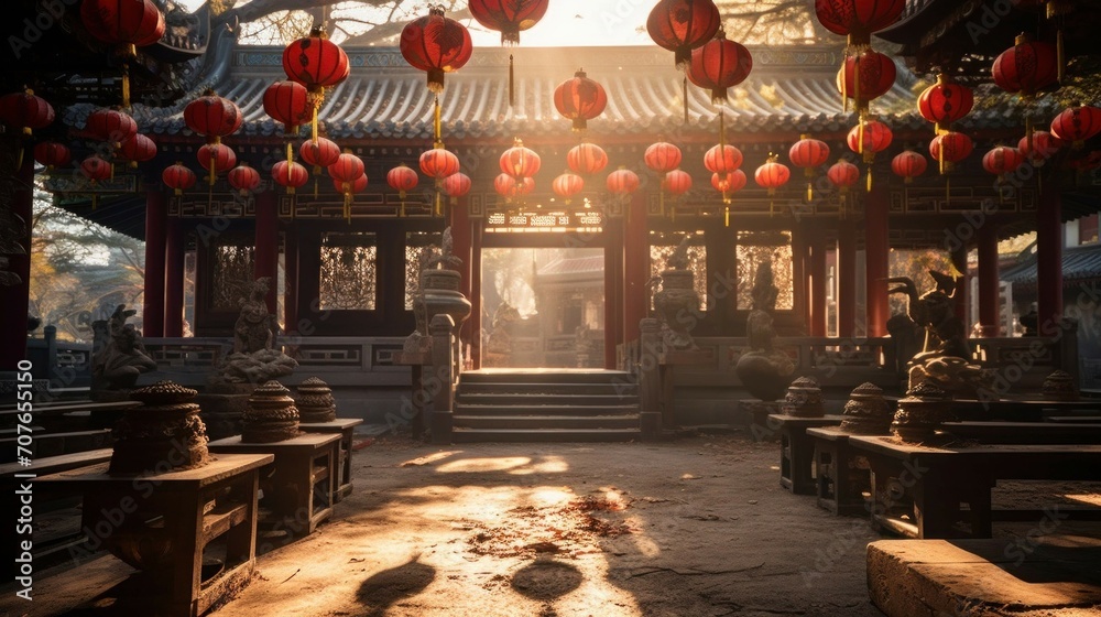 A tranquil Chinese New Year temple adorned with red lanterns