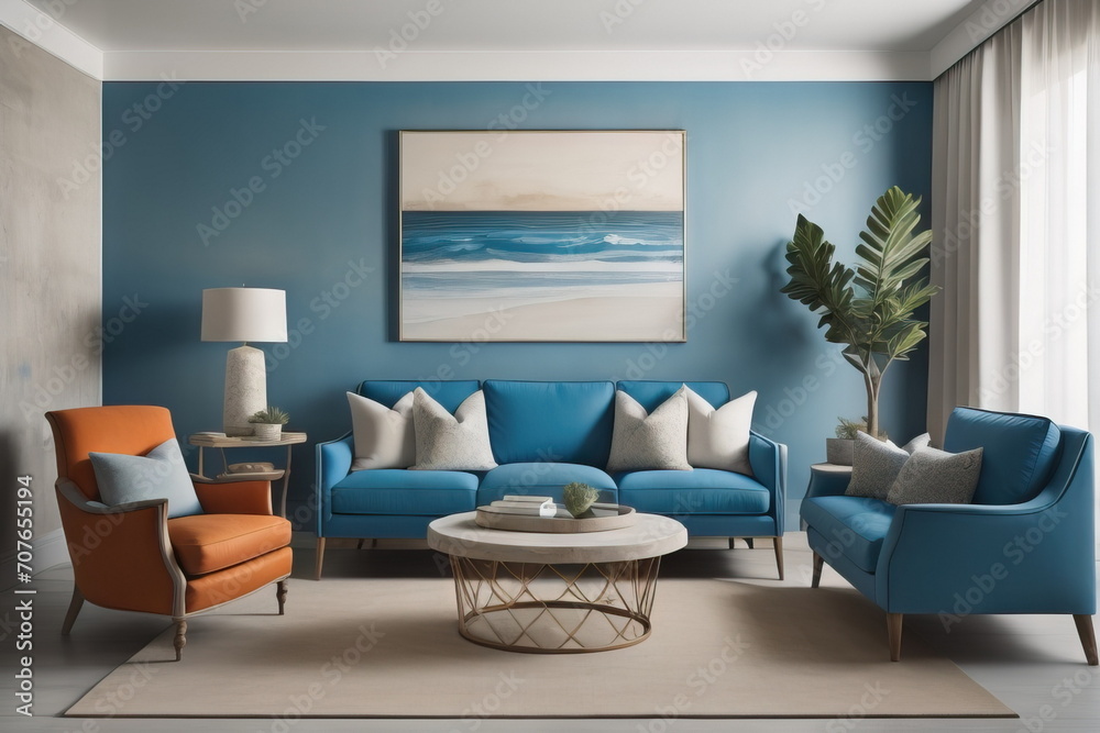 interior design of modern living room with blue sofa