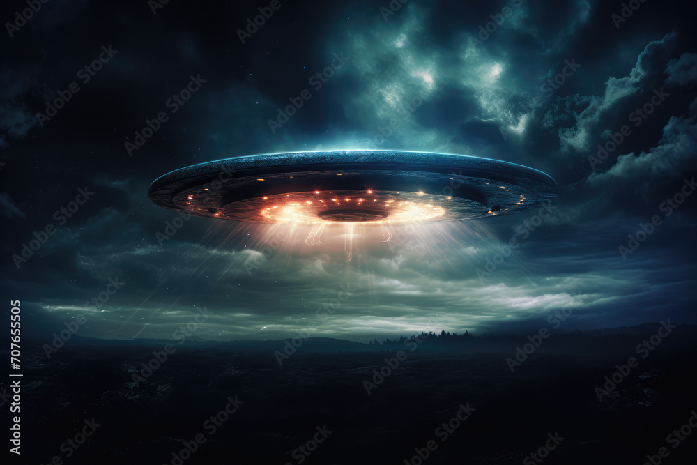 Mysterious flying saucer with pulsating lights, captured in the night sky amidst swirling clouds Mysterious flying saucer with pulsating lights, captured in the night sky amidst swirling clouds