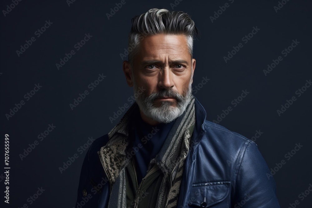 Portrait of a handsome middle-aged man with gray hair and beard wearing a blue leather jacket and scarf. Men's beauty, fashion.
