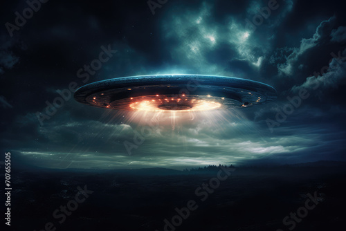 Mysterious flying saucer with pulsating lights, captured in the night sky amidst swirling clouds