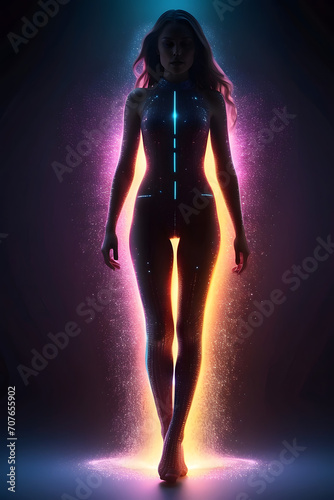 A woman with a cybernetic design, highlighted by vibrant neon, evoking futuristic and sci-fi themes 8k Ultra HD | generated with ai