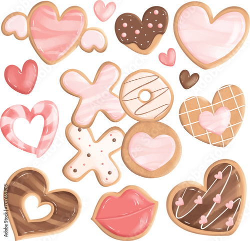 Watercolor Illustration set of Heart Cookies