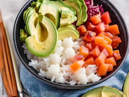 Salmon poke bowl with avocado. salmon poke with avocado. The salmon is sliced into bite-sized pieces and arranged on top of a bed of rice.