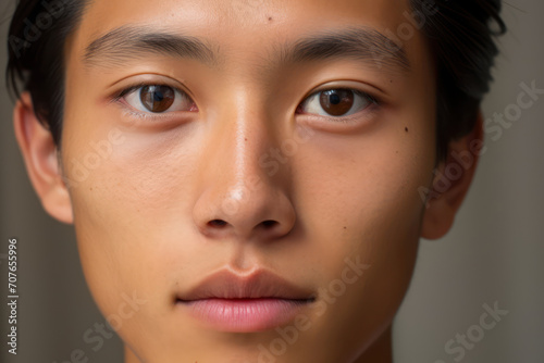 Close up portrait of a handsome asian guy with moles on his face