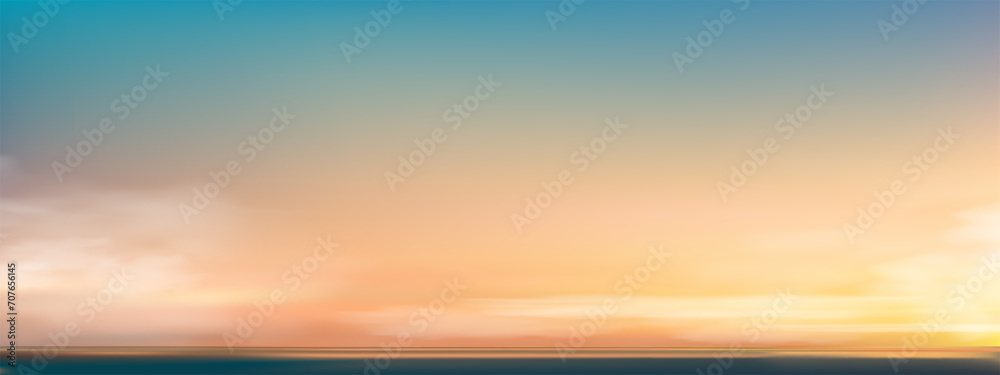 Sky Blue,Cloud Background,Horizon Spring Clear Sky in Morning by the beach,Vector beautiful landscape nature sunrise in Summer,Backdrop panoramic banner white clouds over ocean blue