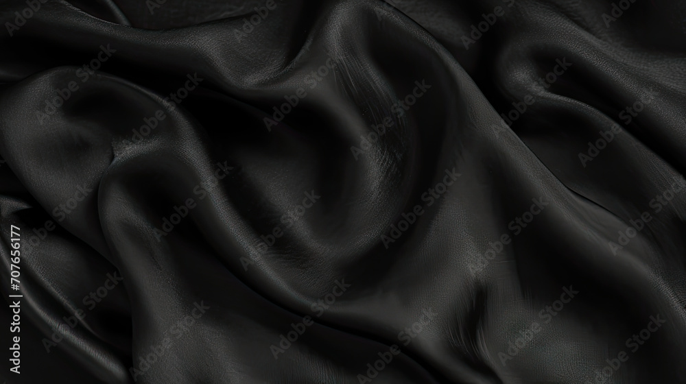 Abstract black background. black fabric texture background.  black silk satin. Curtain. Luxury background for design. Shiny fabric. Wavy folds.	