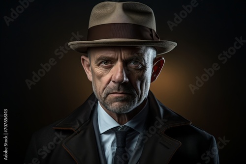 Portrait of an old man in a hat and coat on a dark background.