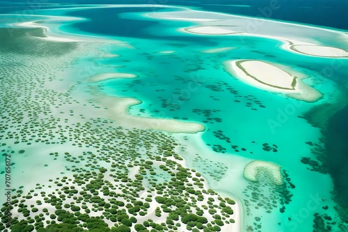 A mesmerizing aerial view of a network of sandbars and atolls emerging from the turquoise ocean, creating a stunning natural tapestry.