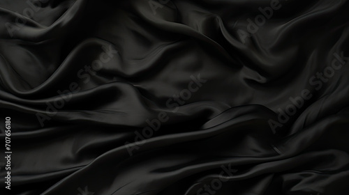Abstract black background. black fabric texture background.  black silk satin. Curtain. Luxury background for design. Shiny fabric. Wavy folds.	