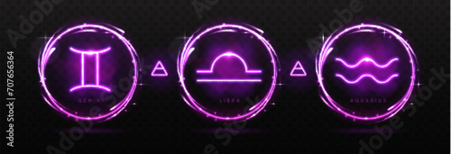 Set of modern magic witchcraft astrology neon air zodiac signs in glowing spheres. Gemini, Libra and Aquarius neon sign. Vector illustration