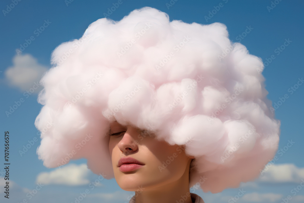 Photograph of a fluffy cloud hat, close-up on a person's head with their dreamy eyes looking upward
Photograph of a fluffy cloud hat, close-up on a person's head with their dreamy eyes looking upward
