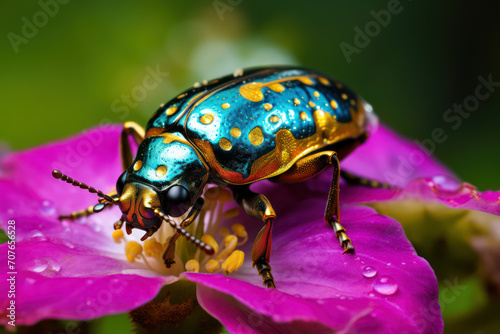 Vividly marked Jewel beetle, with metallic sheen, on a dew-covered flower petal in the early morning light