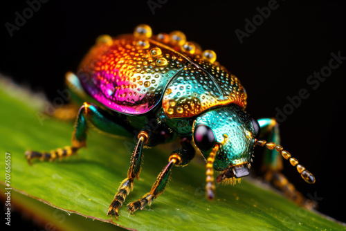 
Photo of a vividly marked Jewel beetle, with metallic sheen, on a dew-covered flower petal in the early morning light
