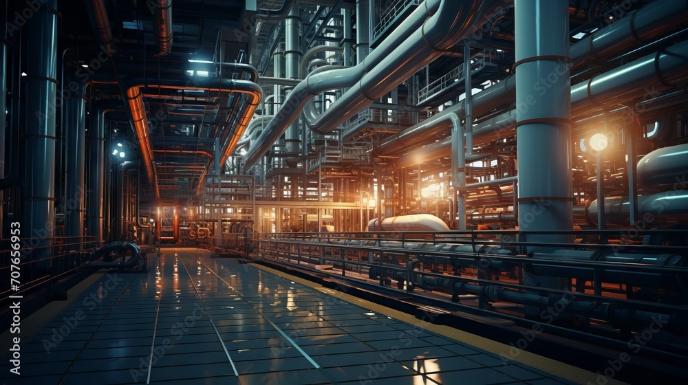 The interior of a large industrial building or factory with steel structures and modern equipment, an inside of oil refining plant, pipes, oil storage facilities. The interior of a large industrial building or factory with steel structures and modern equipment, an inside of oil refining plant, pipes, oil storage facilities.