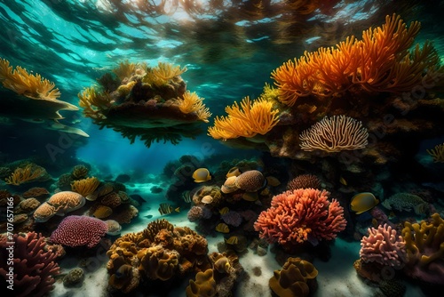 A vibrant underwater garden of coral formations, alive with a myriad of marine creatures, illuminated by dappled sunlight filtering through the waves. © Tae-Wan