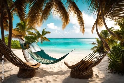 A secluded beach alcove with powdery white sand, flanked by gently swaying palm trees and an inviting hammock overlooking the turquoise waters.